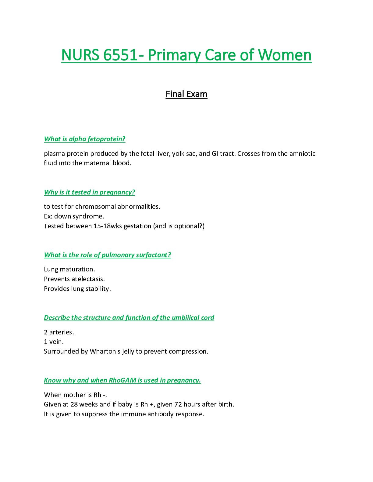 Preview of NURS6551 / NURS 6551 Final Exam (Latest): Primary Care of Women - Walden